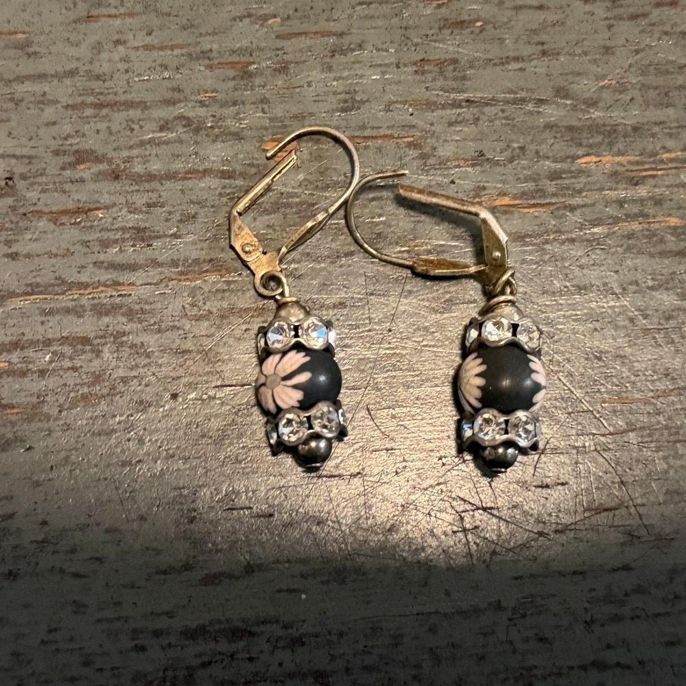 Vintage Floral Bead Leverback Drop Earrings Black Pink Rhinestone Silver Tone